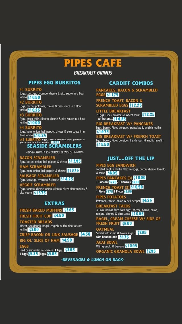 Pipes Cafe menu