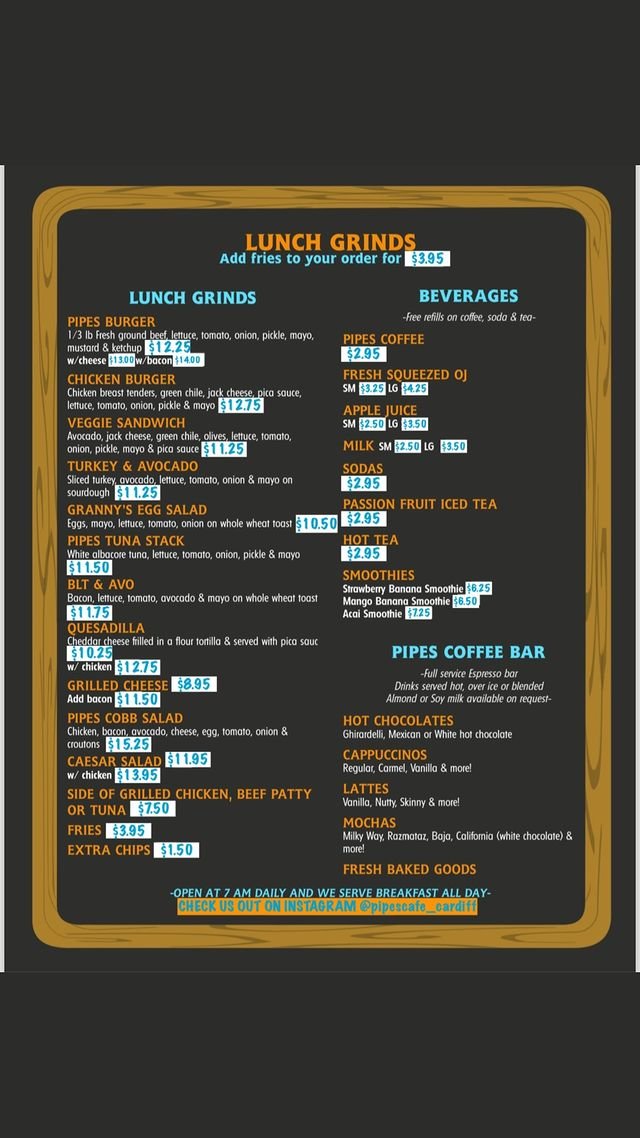 Pipes Cafe menu